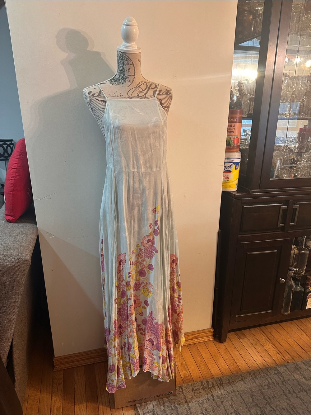 Free People Light Green Maxi Dress with Pink & Yellow Floral Hem